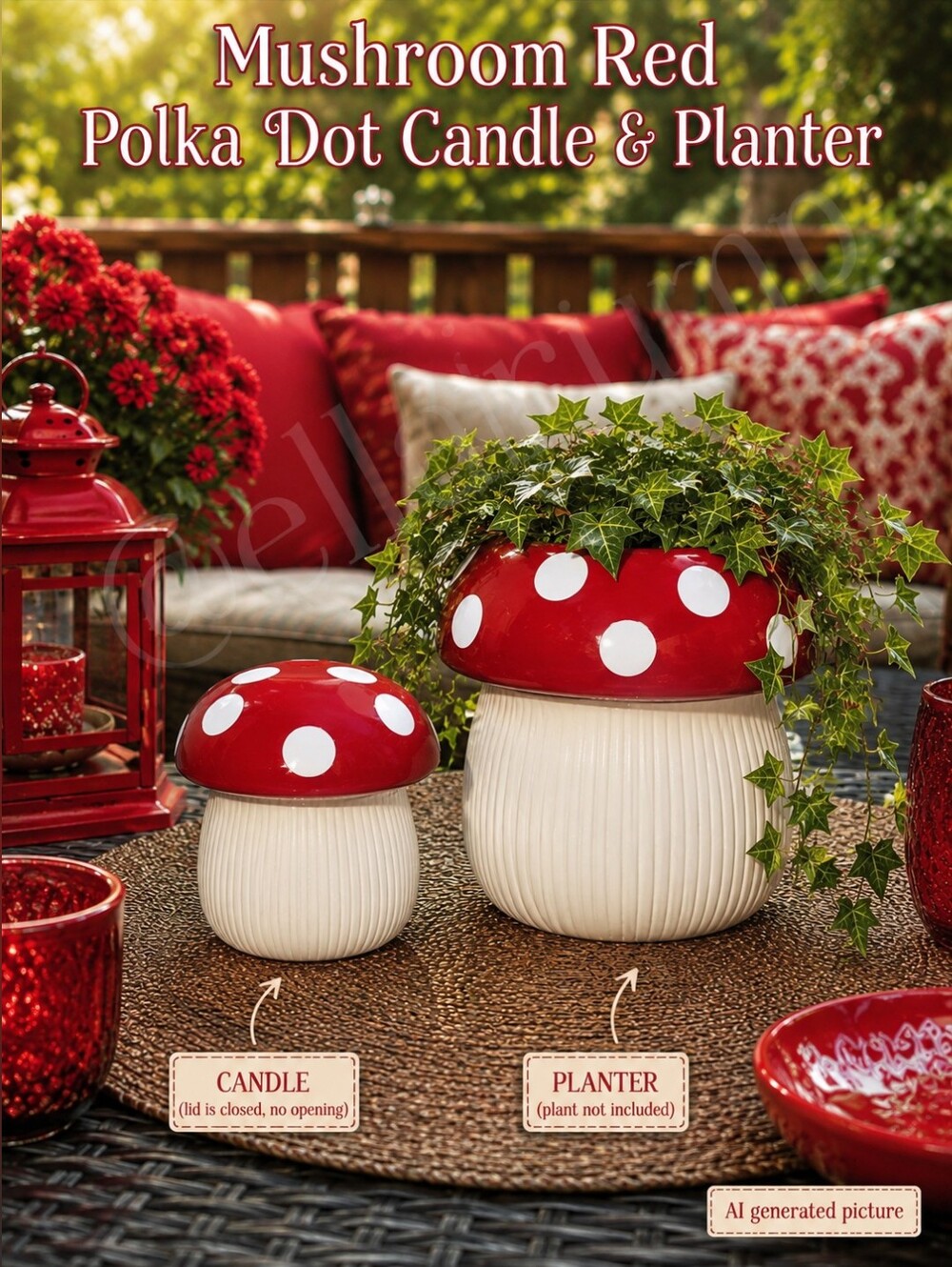 Martha Stewart Red Polka Dot & White Mushroom Forest Air Candle & Planter